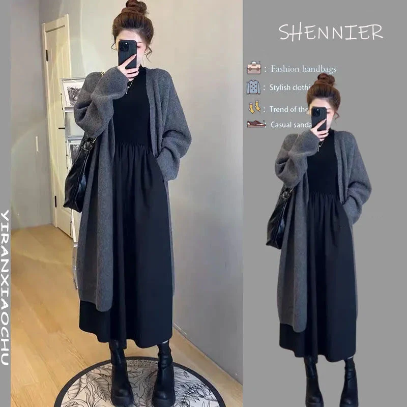 秋冬套装女2025新款韩版慵懒风中长款针织开衫外套连衣裙两件套装