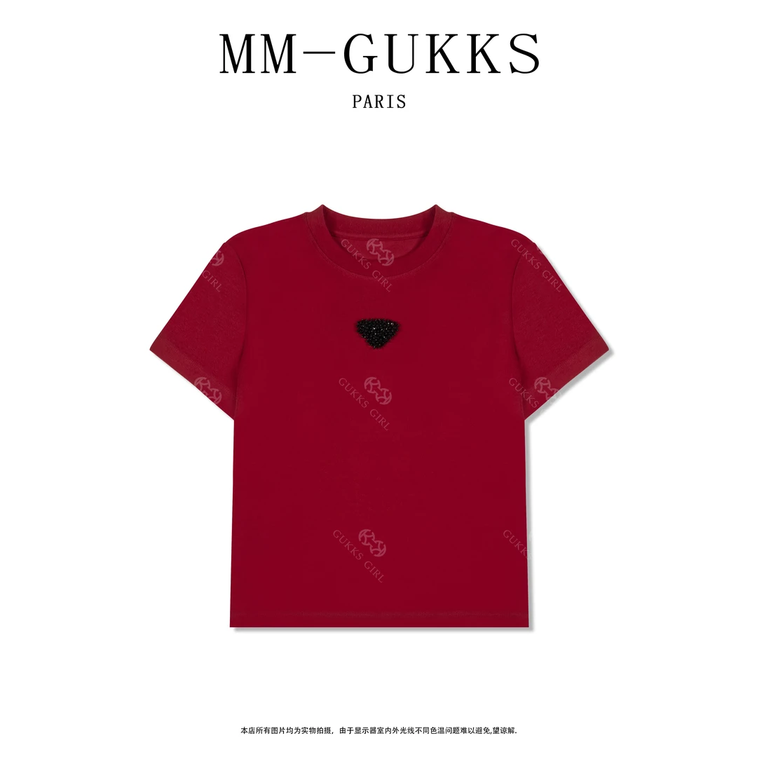 明明GUKKS『三角洲』重磅烫钻三角百搭短袖T恤加厚打底-T1560