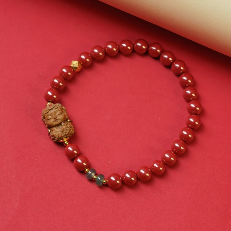 含辰砂工艺品【聚守】0.6帝王砂绿度母雕刻件单圈手串