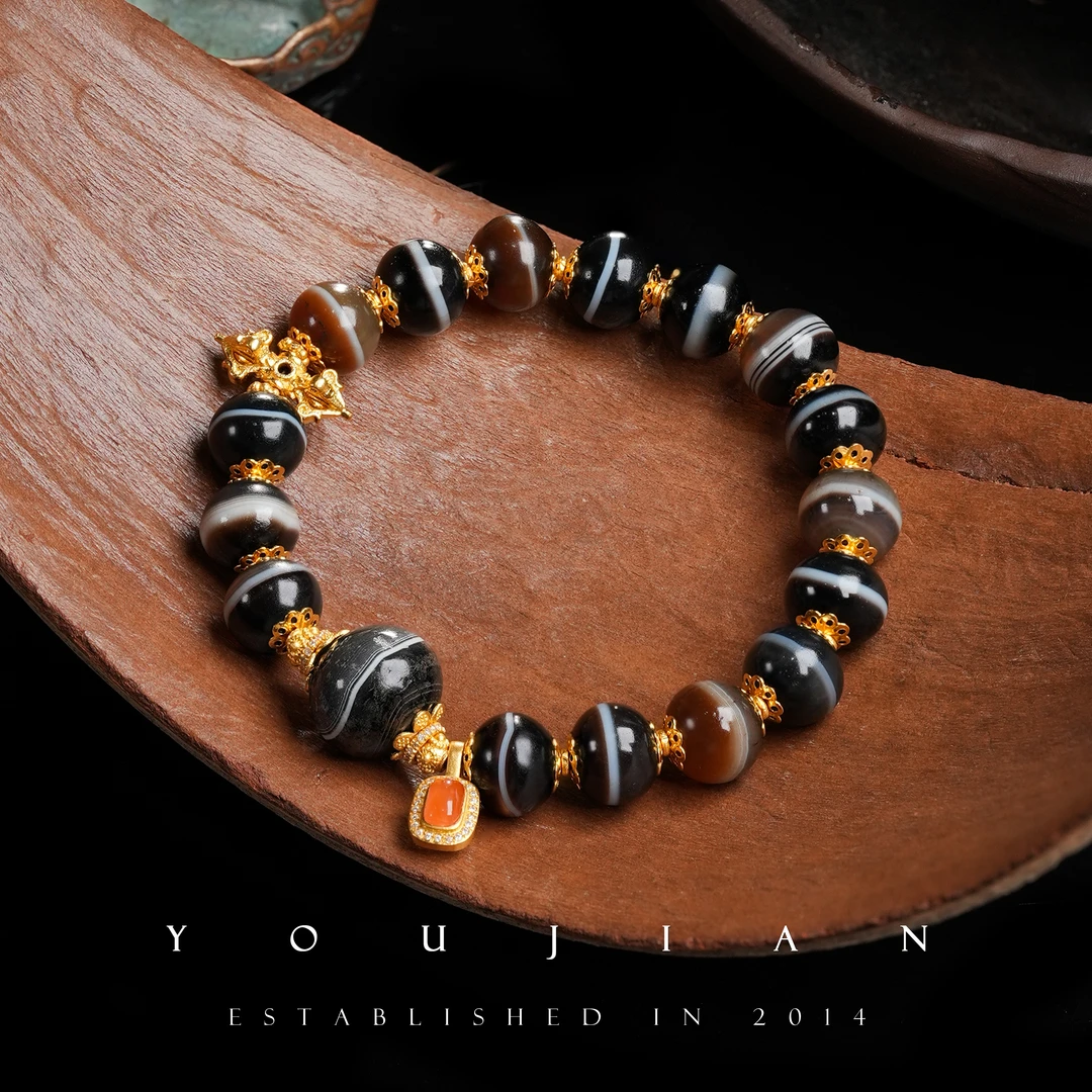 【孤品】又见原创设计-足金手工金（纯）药师玛瑙钻石手串-G248