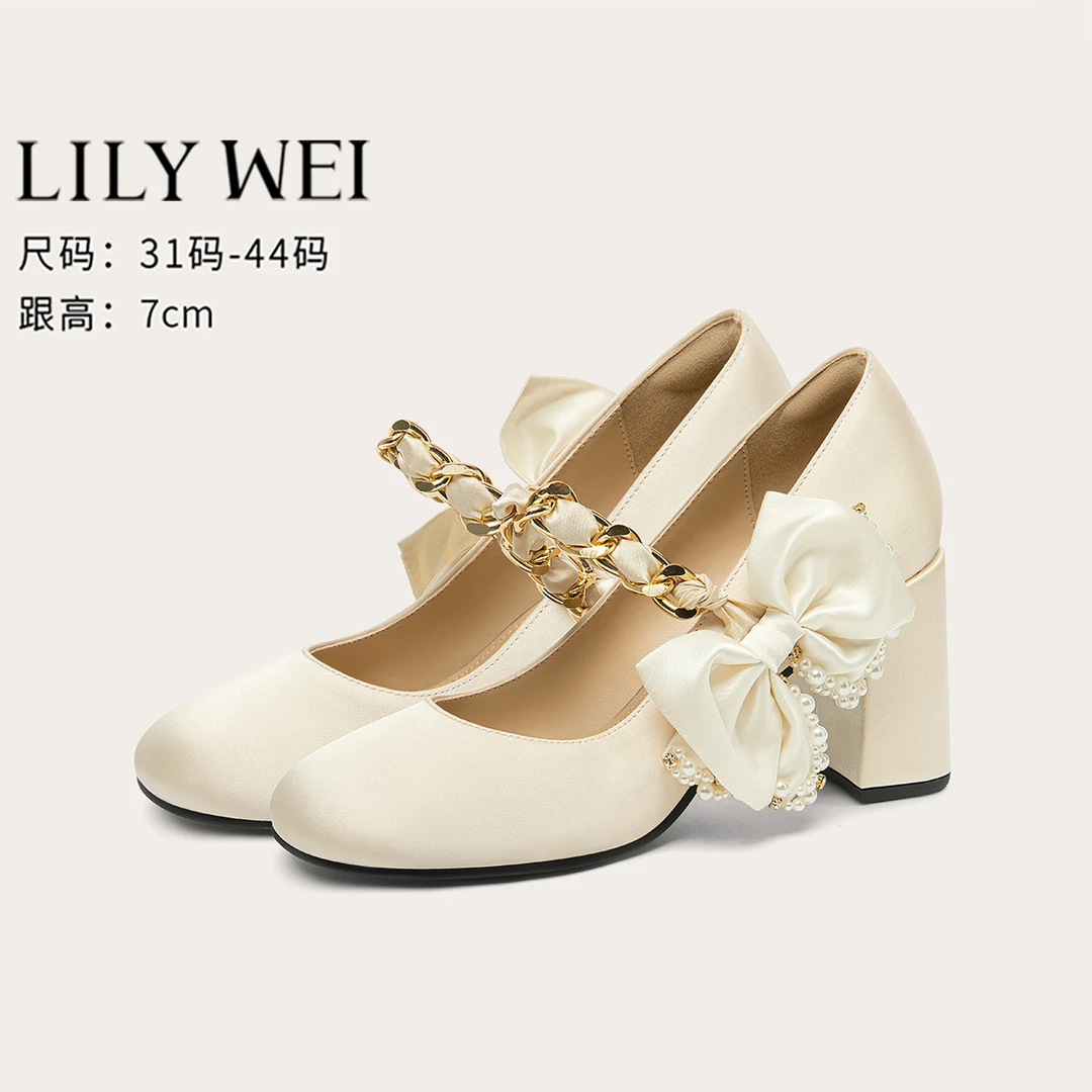 Lily Wei甜美白色浅口玛丽珍鞋方头蝴蝶结绝美配裙子不累脚单鞋