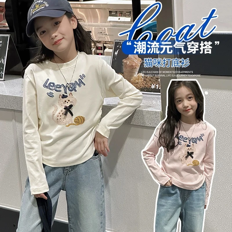 【断码清货】2025秋韩版猫咪印花蝴蝶结打底衫T恤 D153 153 W