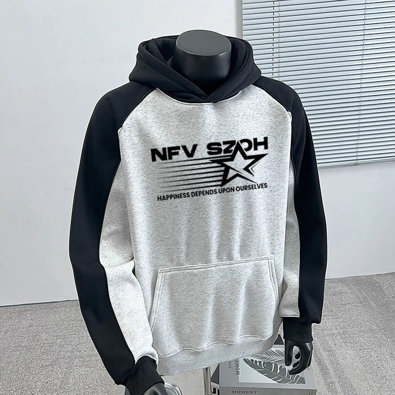 美式复古hiphop加绒加厚星星印花连帽卫衣秋冬三条杠百搭ins上衣