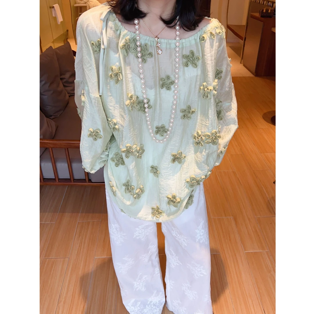 夏季爆款立体花设计防晒衫女韩版法式复古套头宽松中长款大版衬衫