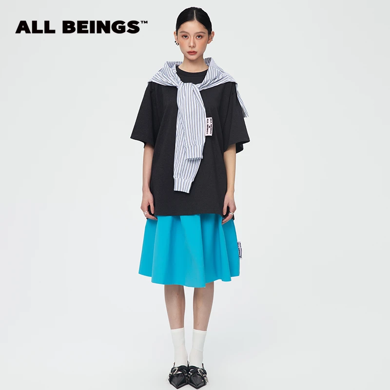 ALL BEINGS25春夏设计师新款彩黑色搭片式假两件廓形休闲百搭T恤