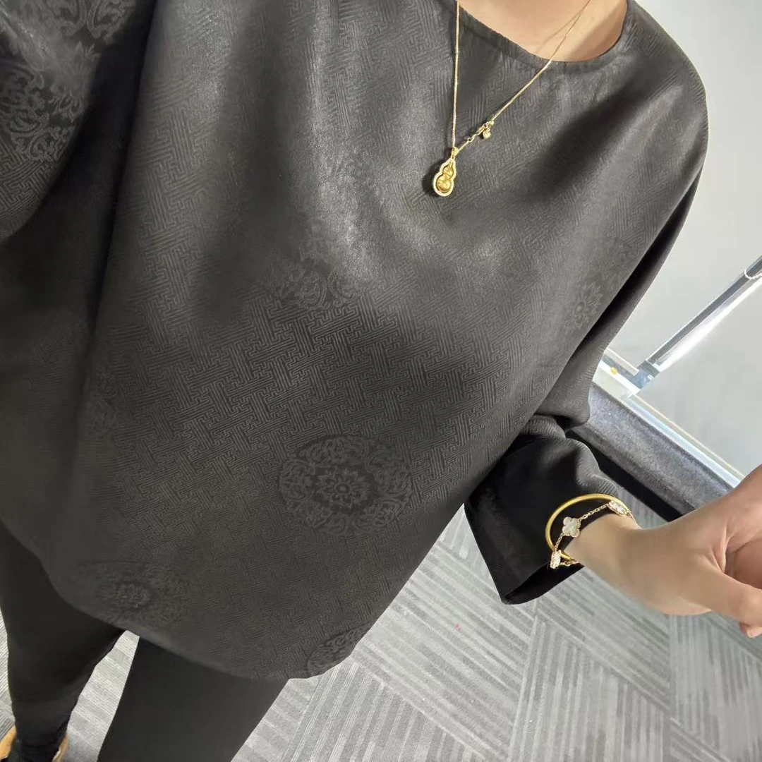 100%桑蚕丝！万字纹长袖极简上衣