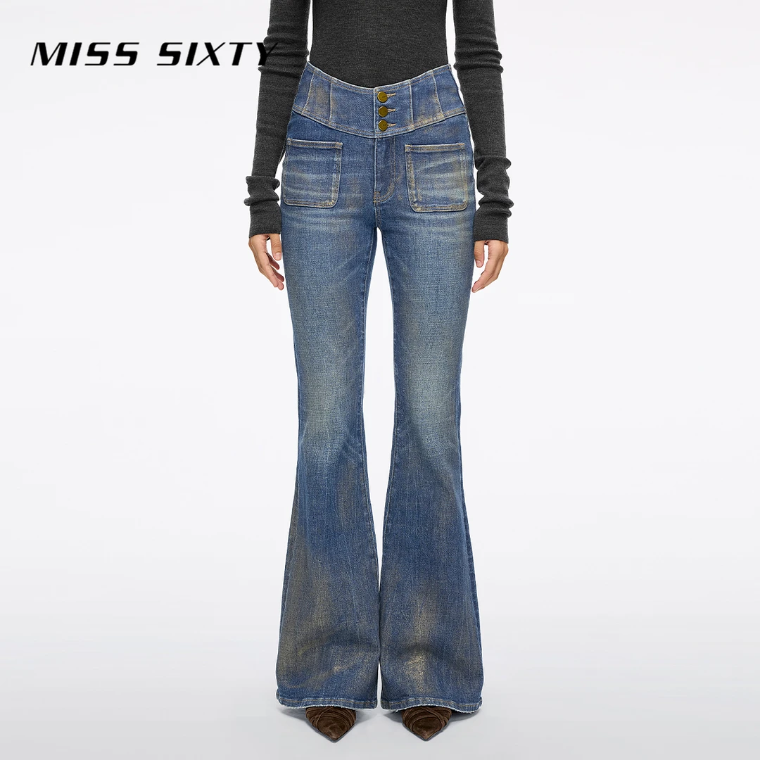 【进口牛仔面料】Miss Sixty2025冬季新款牛仔裤女烫金喇叭超模裤