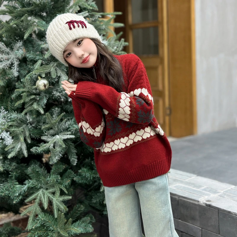 儿童费尔岛红色6-12岁打底毛衣女款秋冬2025新款加厚针织女童潮款