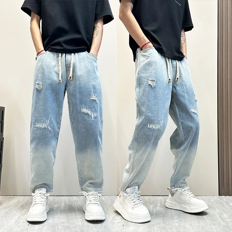 时尚渐变色水洗破洞牛仔裤男2025夏薄款修身小脚九分裤男生哈伦裤