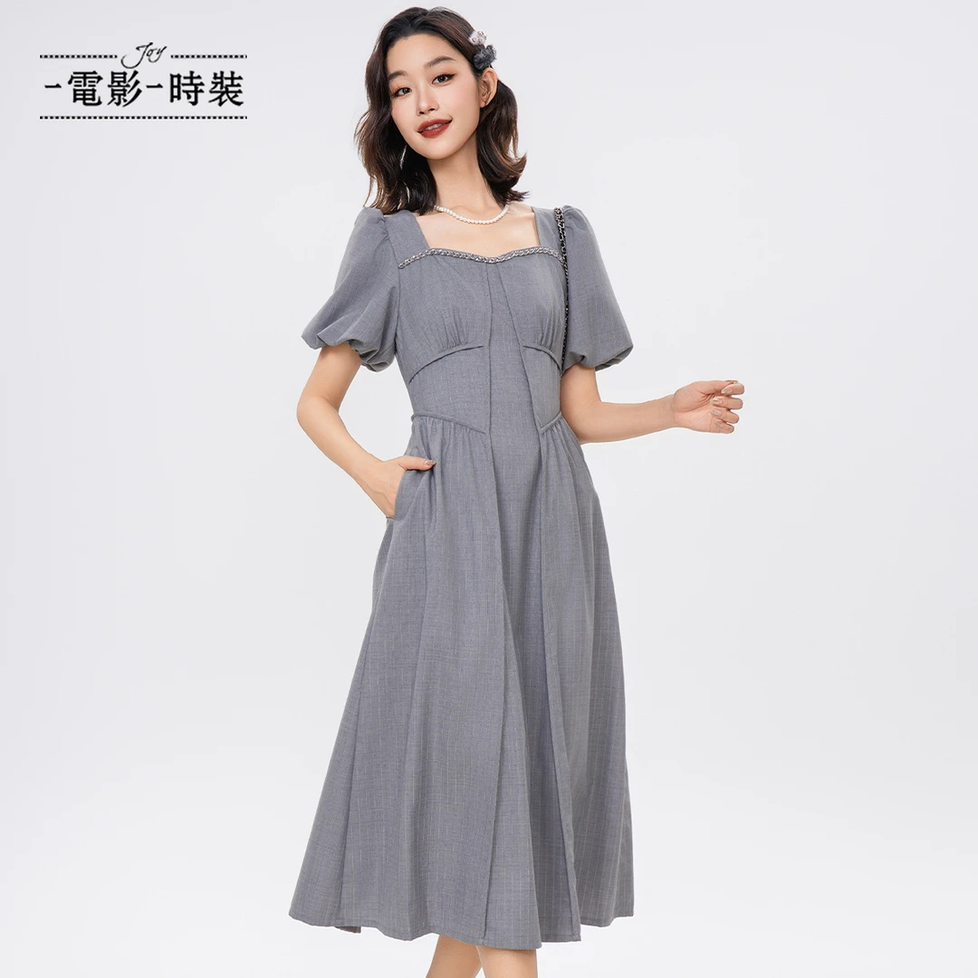 【九月专属】一电影一时装复古气质收腰泡泡袖条纹连衣裙FFNL115701