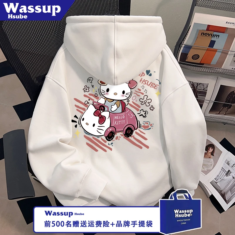 WASSUP HSUBE秋冬季百搭开衫凯蒂猫开车印花拉链外套男女连帽卫衣