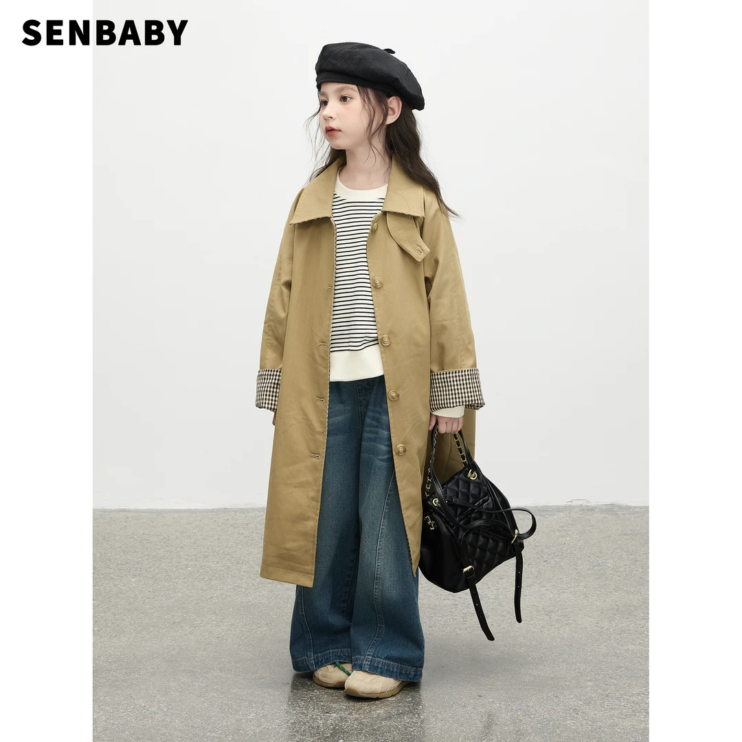 【现货】senbaby女童风衣外套秋季新款百搭长袖大衣卡其长款风衣