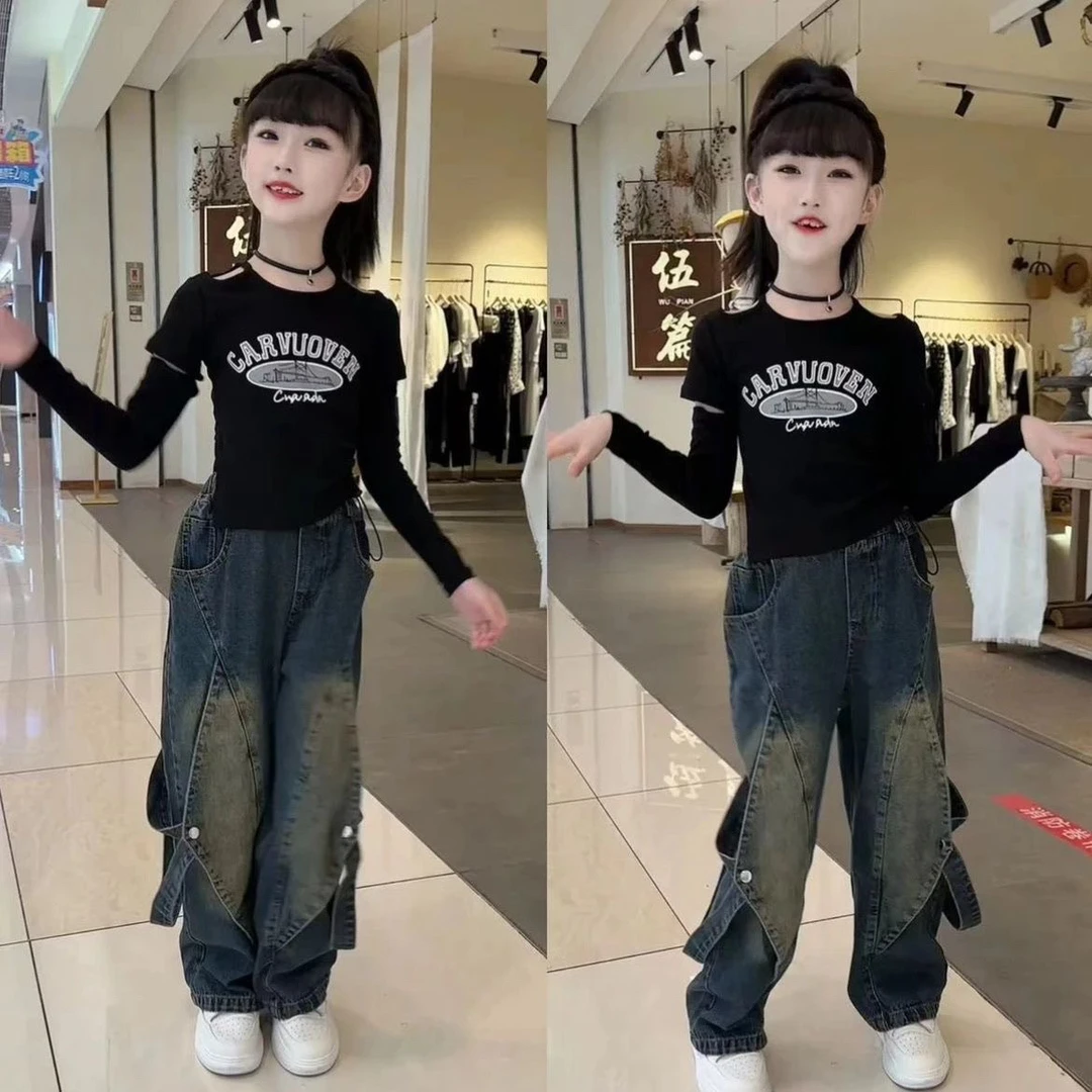 女童秋款爵士街舞套装中大童新款韩版时尚上衣双腰带牛仔裤两件套