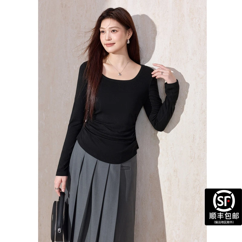 大码简约方领黑色长袖T恤2025年秋百搭显瘦内搭打底衫上衣女