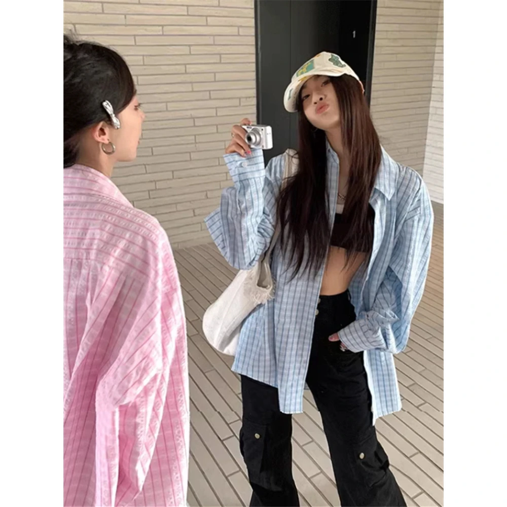 百搭格子防晒衬衫外套女春季天薄开衫外搭中长款棉麻上衣宽松长