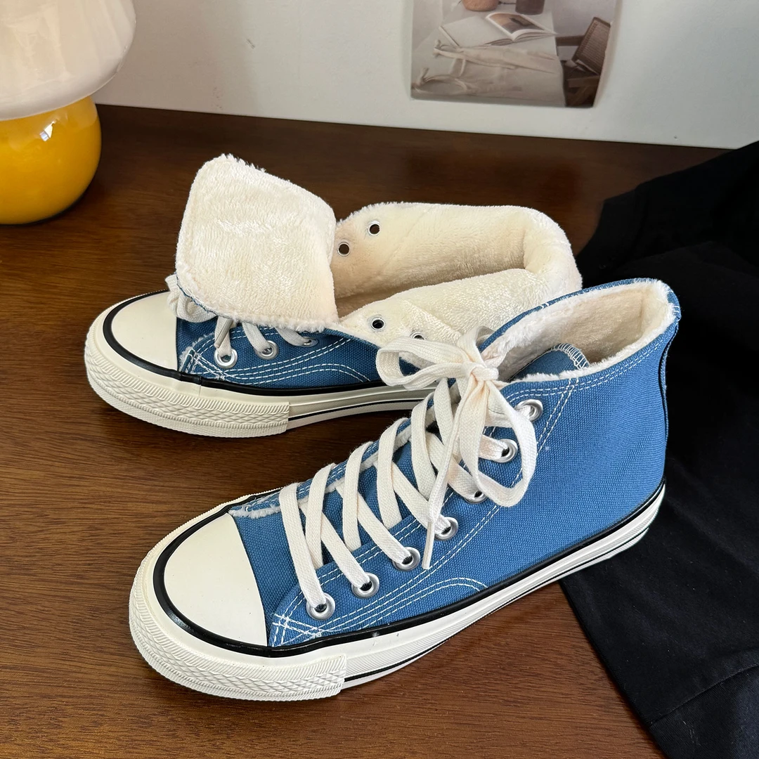 雾霾兰男女同款加绒保暖情侣时尚青春潮流韩版百搭系带休闲帆布鞋