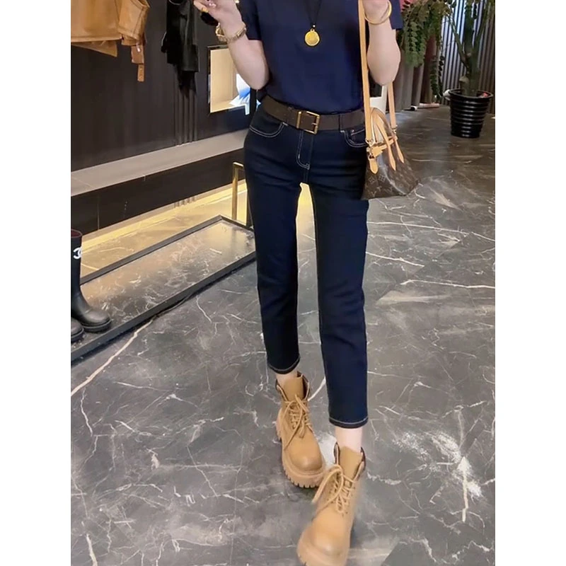 洋气百搭烟管牛仔裤女小个子2025秋季新款高腰弹力显瘦窄版直筒裤