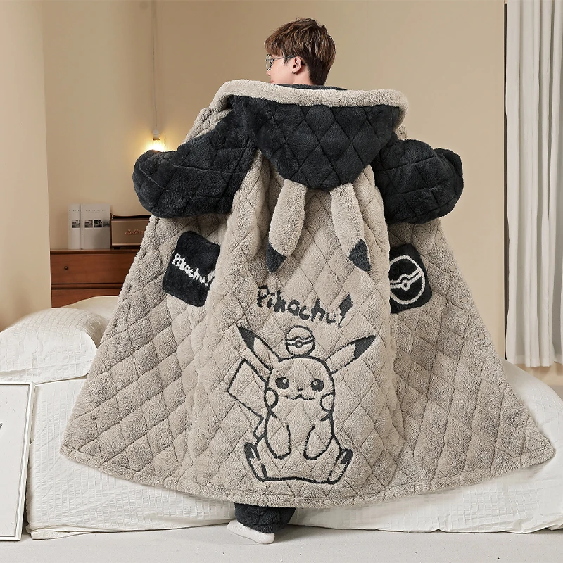 珊瑚绒三层夹棉睡衣男睡袍冬季保暖加绒加厚法兰绒中长款男士套装