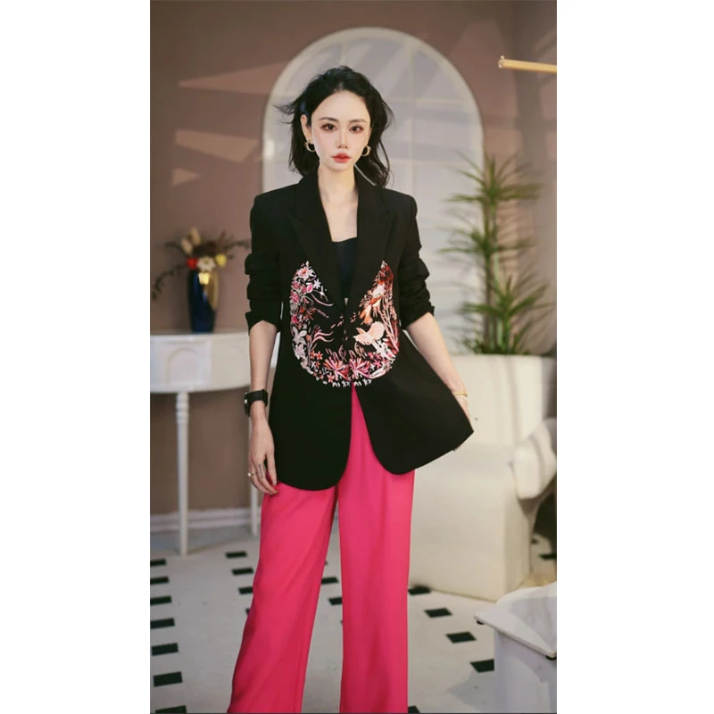 【Z.YE】高级感时尚国风刺绣套装气质修身西服显瘦西装裤两件套1308