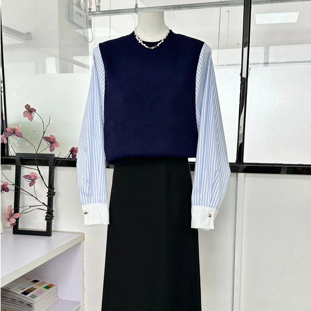 DAMEI-【蓝调撞色】百搭圆领针织拼接衬衫