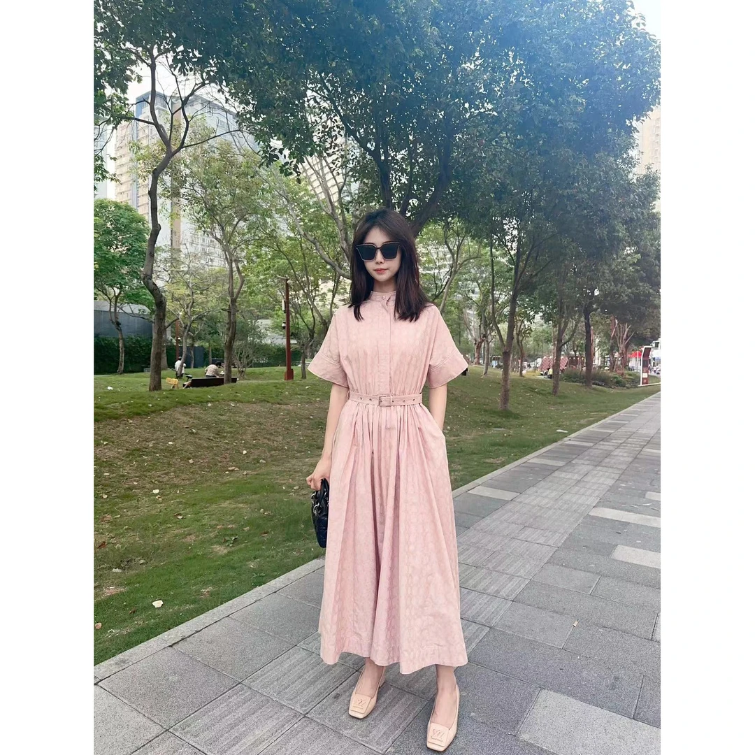 藏蓝粉双色腰带短袖连衣裙