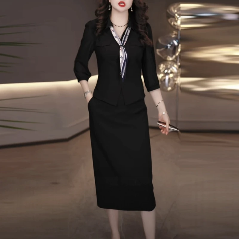 冰丝TR轻奢名媛女装2025早秋季新款七分袖时尚黑色假两件连衣裙子