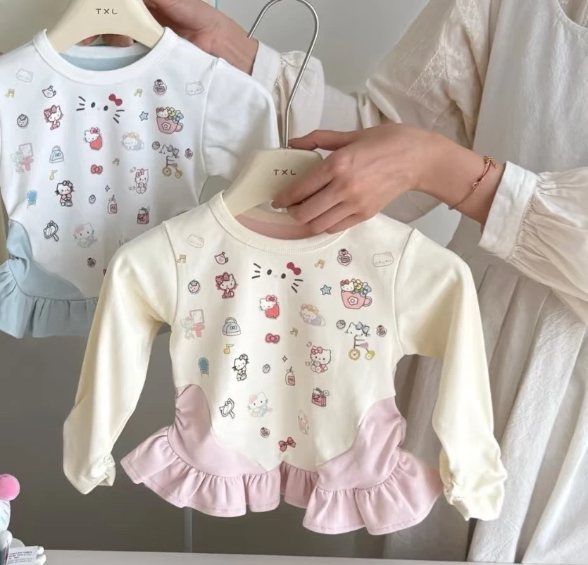 女童长袖2025秋季新款儿童韩版卡通拼色圆领打底衫女宝宝洋气上衣