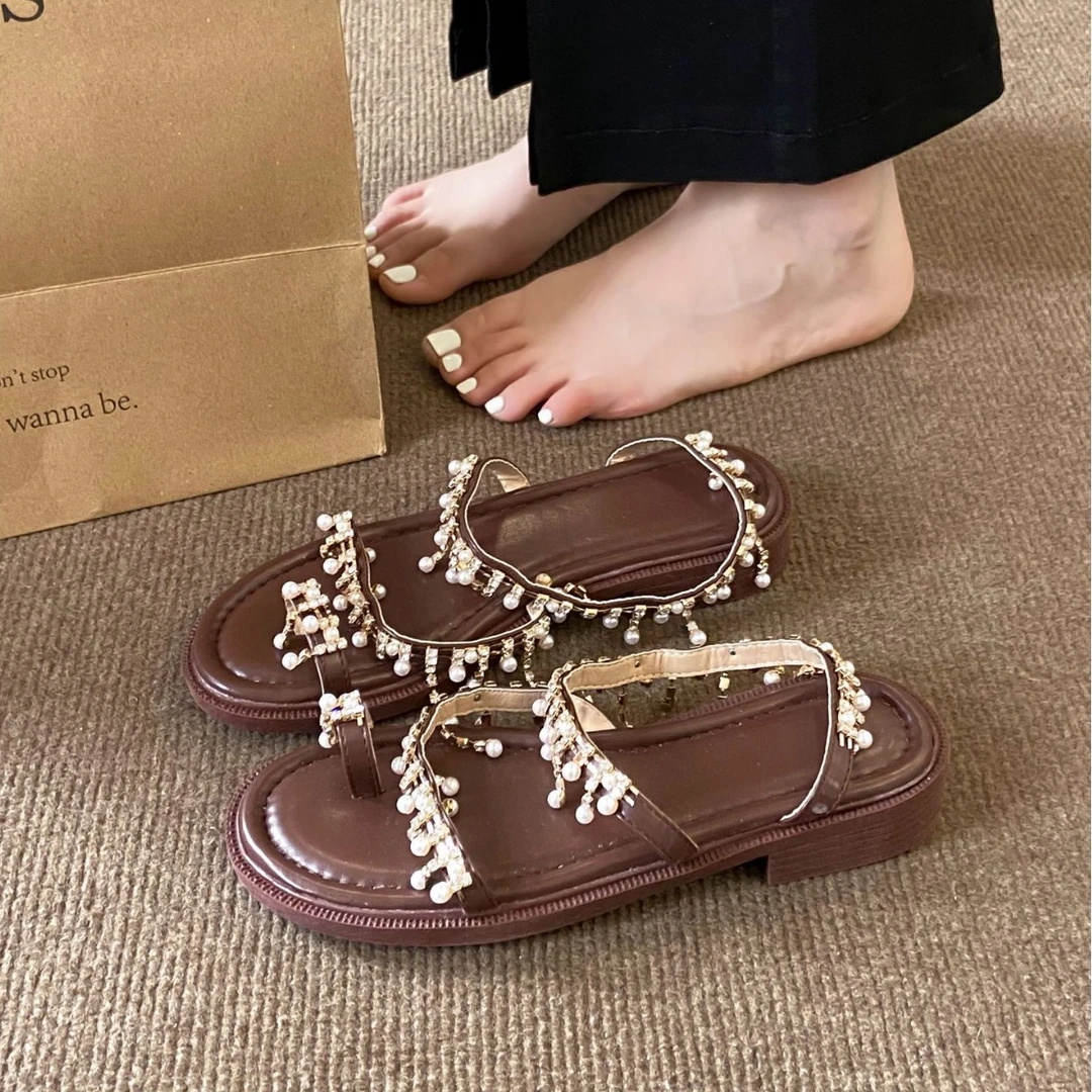 凉鞋女软底后空波西米亚罗马鞋水钻夹趾法式晚风平底沙滩海边WLHJ