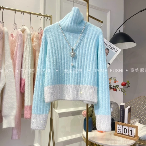 高领拼色烫钻毛衣女冬季厚款短针织上衣