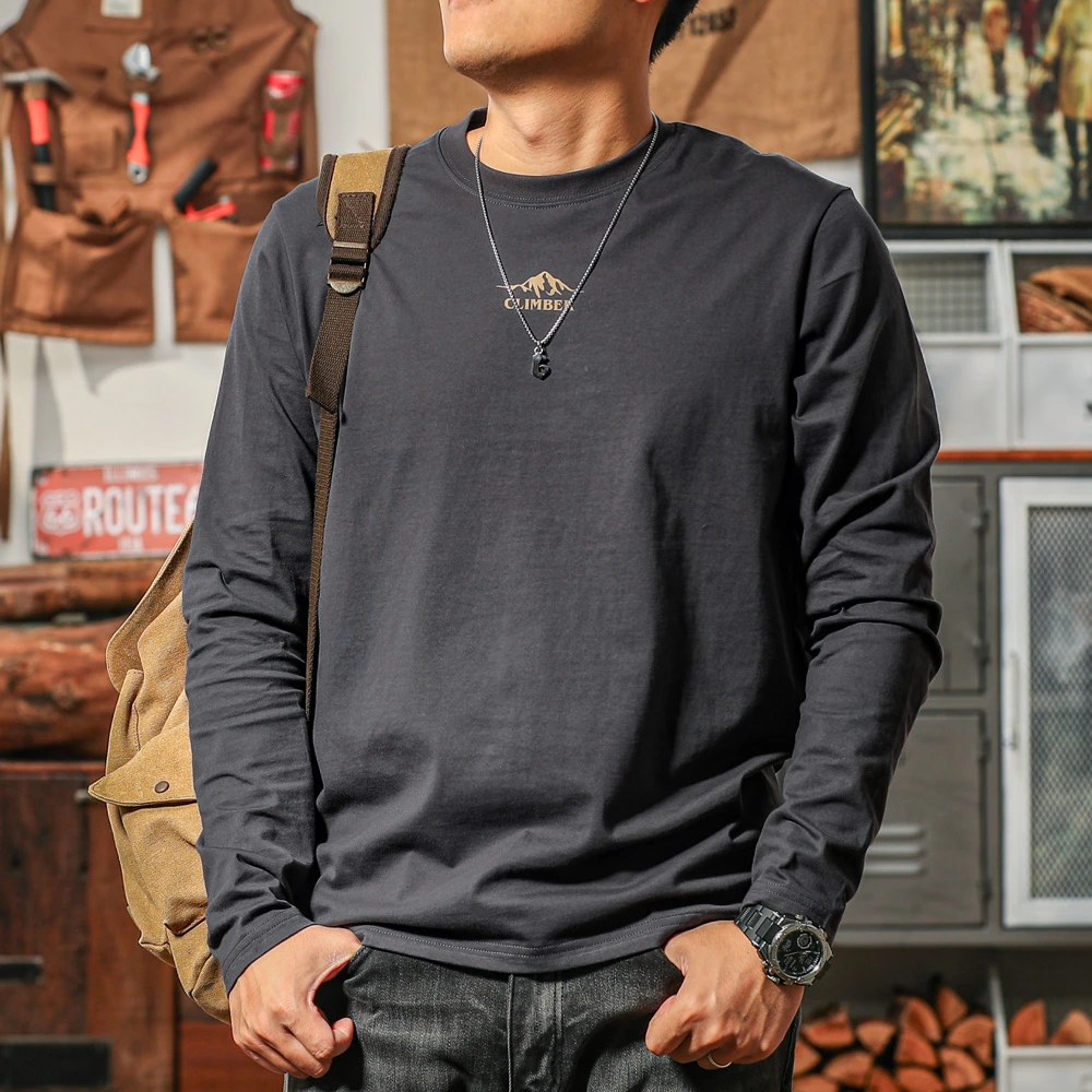 季言长袖t恤男2025新款纯棉春秋季圆领印花 美式复古打底纯棉上衣