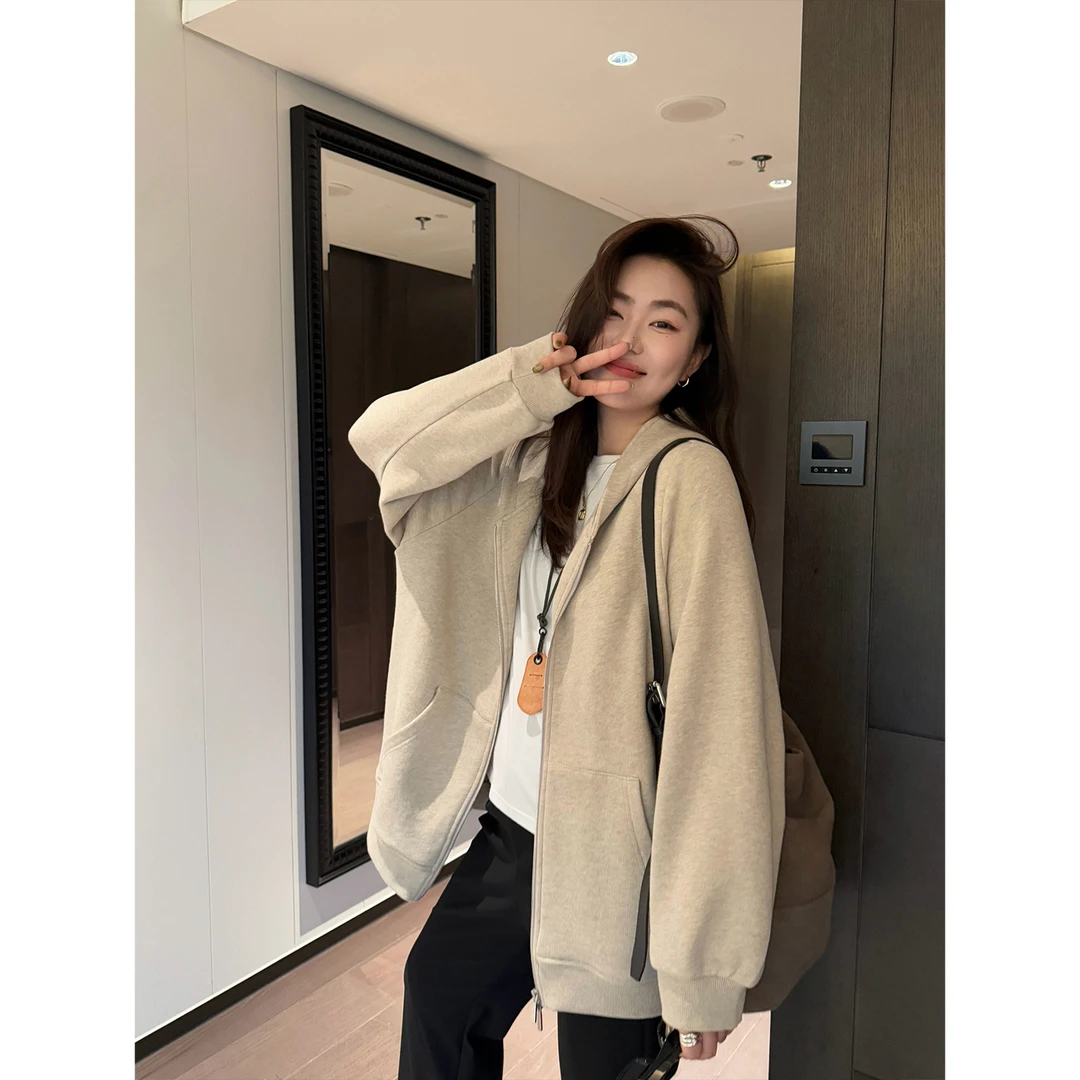 现货大婉酱黑标【放松日】韩系纯棉休闲百搭卫衣连帽宽松外套 0084D
