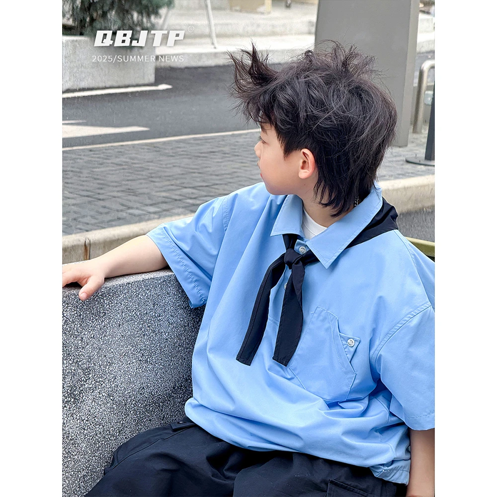 Q宝家童品4月新款【学院风】男童衬衫短袖夏季薄款儿童t恤衬衣潮