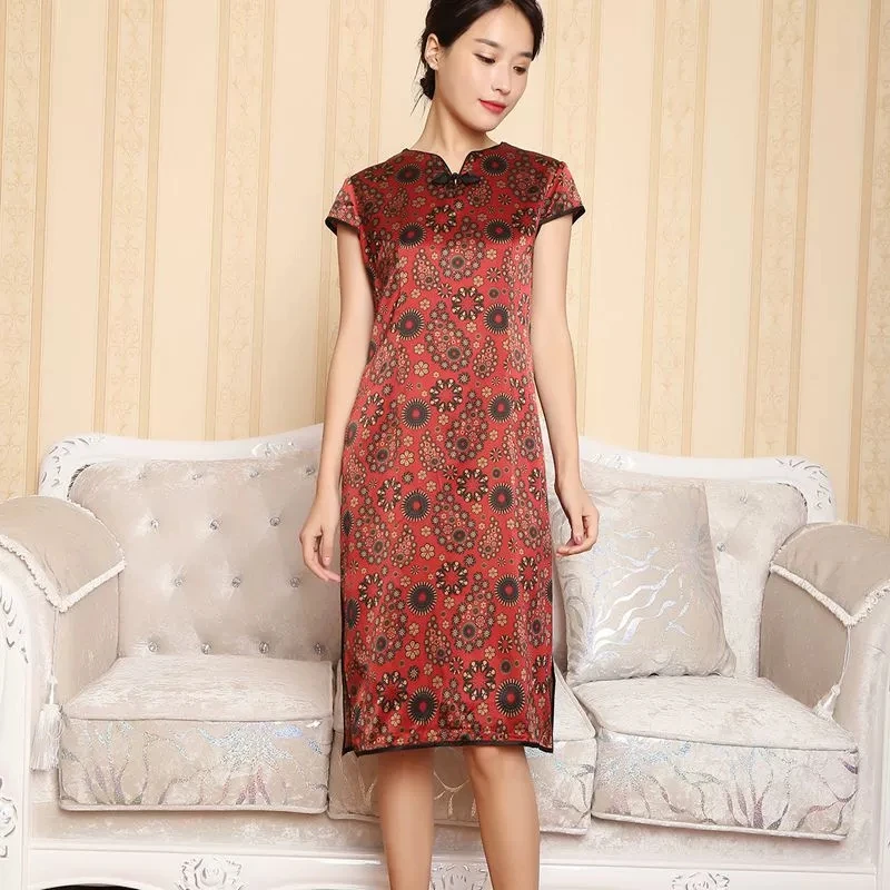 中国风桑蚕丝印花圆襟旗袍低开衩常规款单旗袍真丝连衣裙