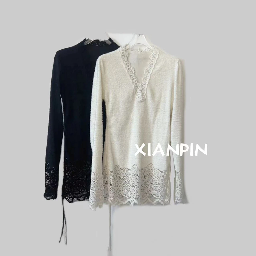 XIANPIN/鲜品24年冬季新款V领针织打底衫带毛感