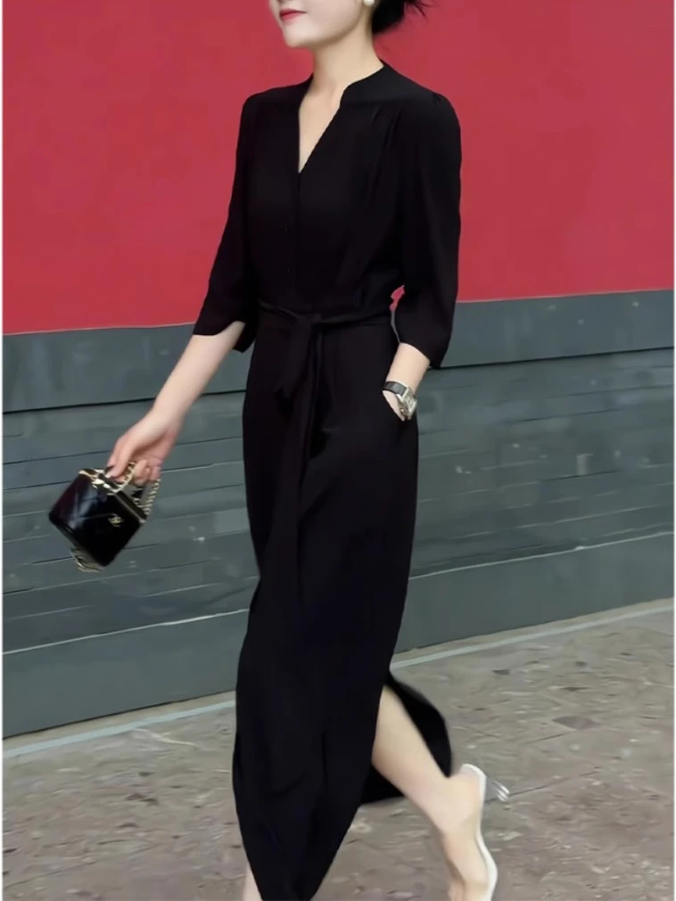 法式简约宽松休闲大码连衣裙女秋季时尚高级感收腰显瘦气质裙子潮