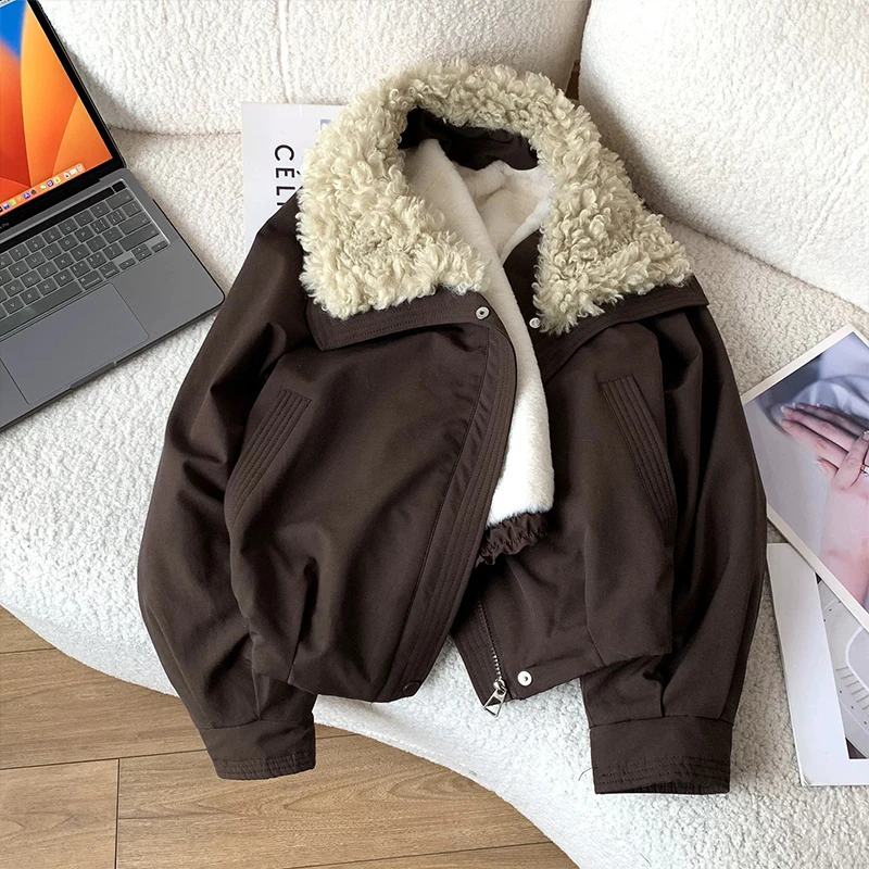 美式复古翻领羊羔绒外套女秋冬季新款小个子短款保暖宽松夹克上衣