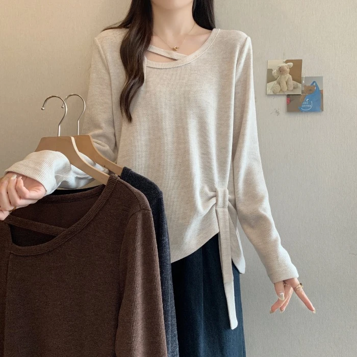 秋冬新款大码女装设计感遮肚子长袖T恤胖妹妹不规则显瘦遮肉上衣