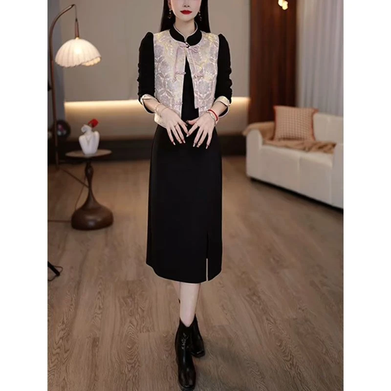2025春季新款时尚轻奢国风马甲外套+遮肚显瘦旗袍连衣裙两件套装