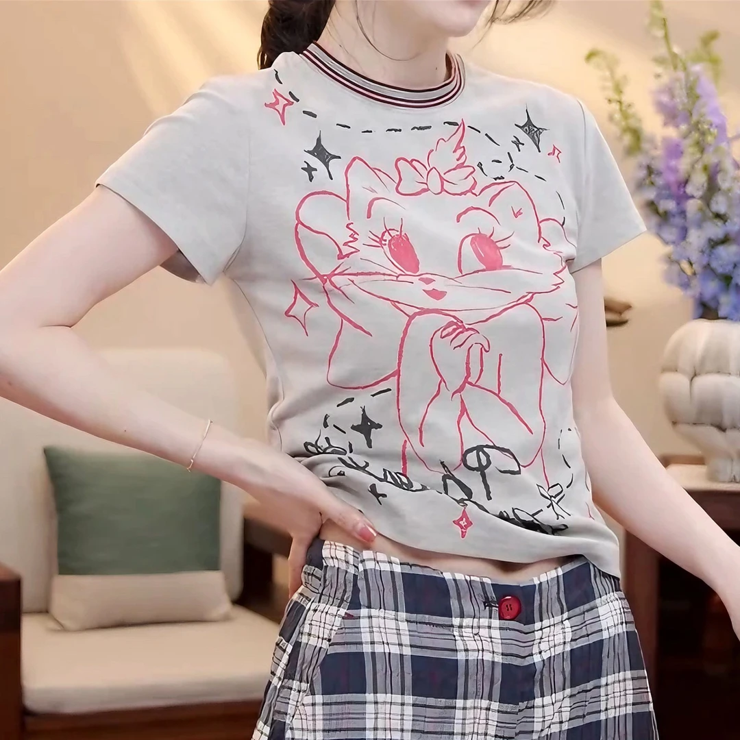 【公主猫咪】2025年夏季新款显瘦潮流时尚设计款猫咪印花短袖t恤女