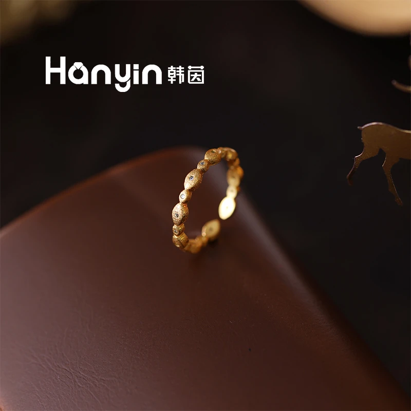 铜合金合成锆石戒指 原创设计轻奢磨砂拉丝大小米珠开口戒指