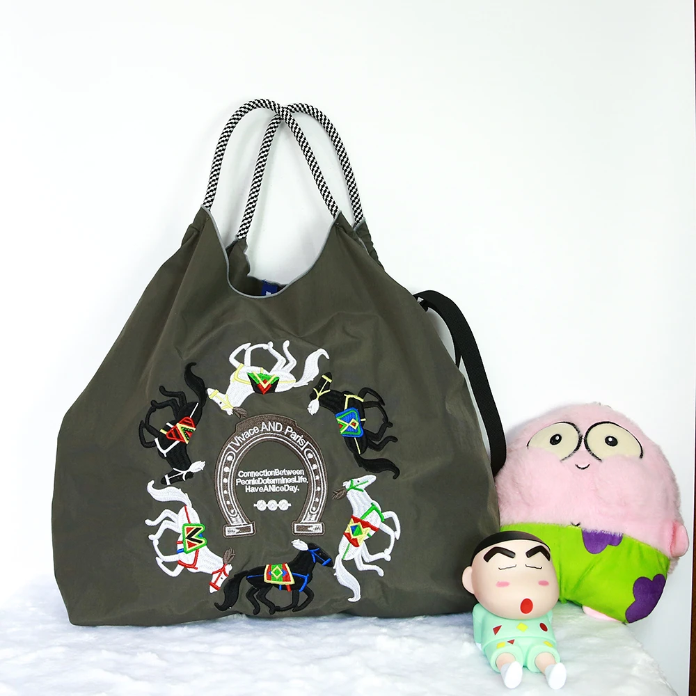 （中包手提款）刺绣耐磨布包国风手提包可折叠百搭黑色休闲单肩防水