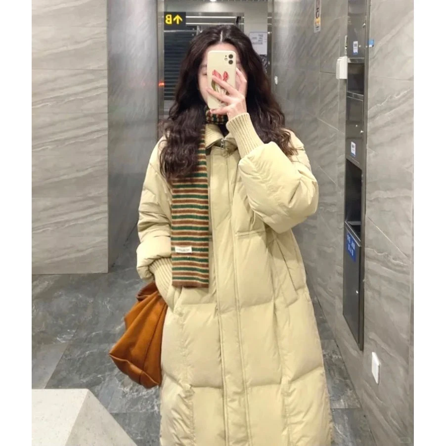 毛线大翻领棉服女2024新款冬季宽松加厚保暖中长款百搭棉衣外套