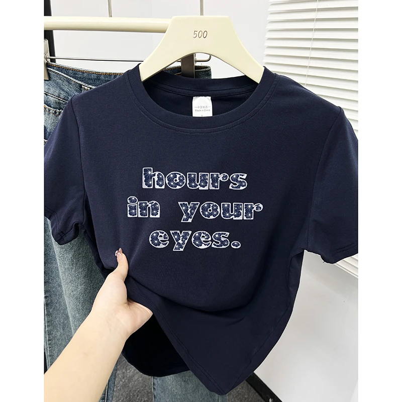 韩版潮流正肩短袖t恤女夏新款时尚百搭小众独特圆领印花显瘦上衣