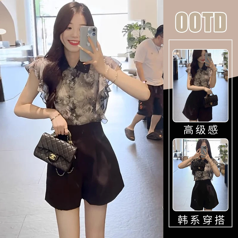 薄款碎花雪纺衫西装短裤套装女夏季气质显瘦水墨画印花时尚两件套