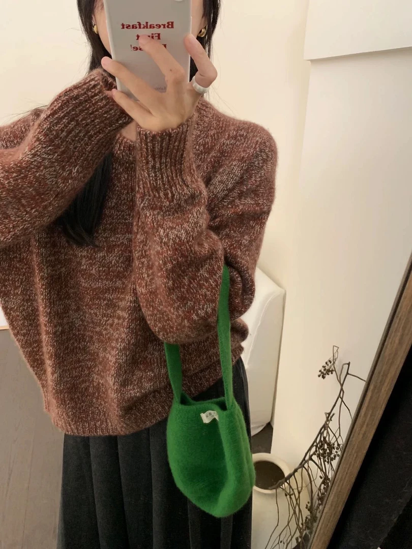 黛汐【DXD】羊绒时尚慵懒风圆领花纱上衣潮牌时尚