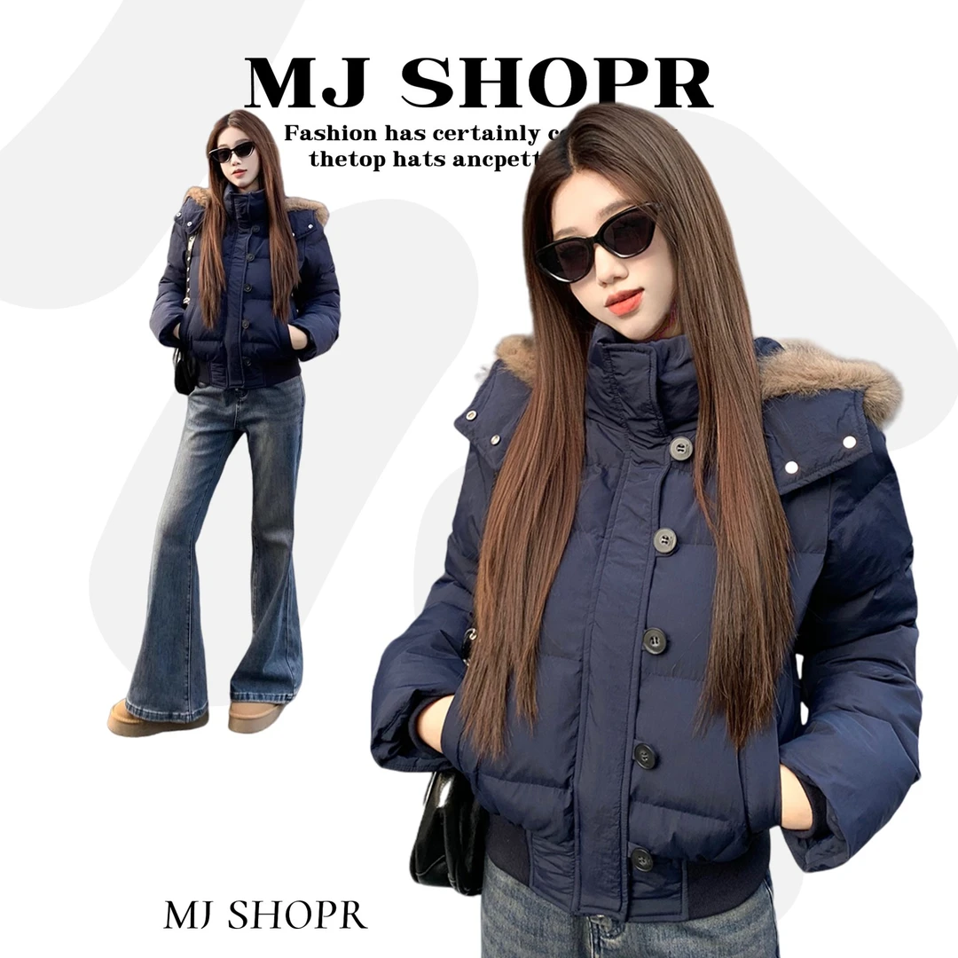 藏青色复古大毛领连帽棉衣棉服外套女冬季宽松加厚保暖棉袄面包服