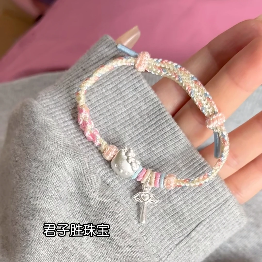 足银手链 足银999Kitty猫纯银凯蒂猫编绳手链送闺蜜女友生日礼物