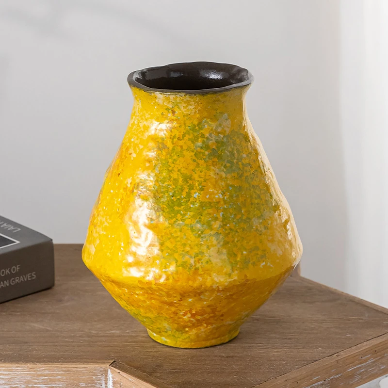 景德镇陶瓷花瓶油菜花油画风紫砂泥创意中古风家居装饰花器摆件