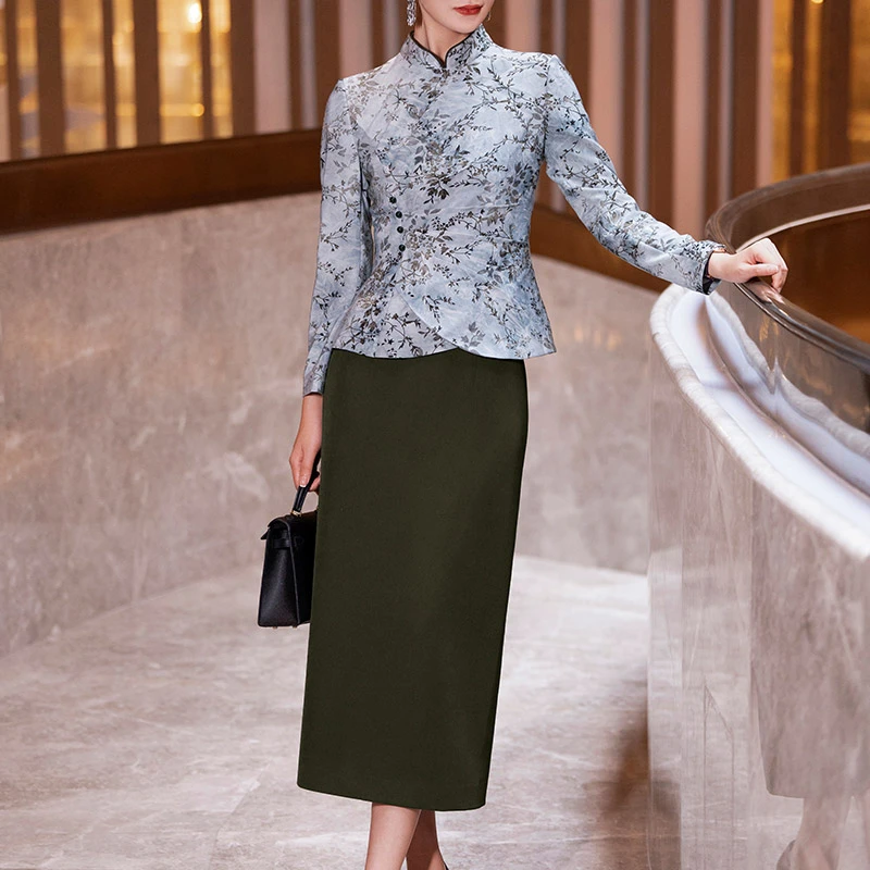 2025春季新款新中式花色植绒立领上衣搭配绿色包臀裙套