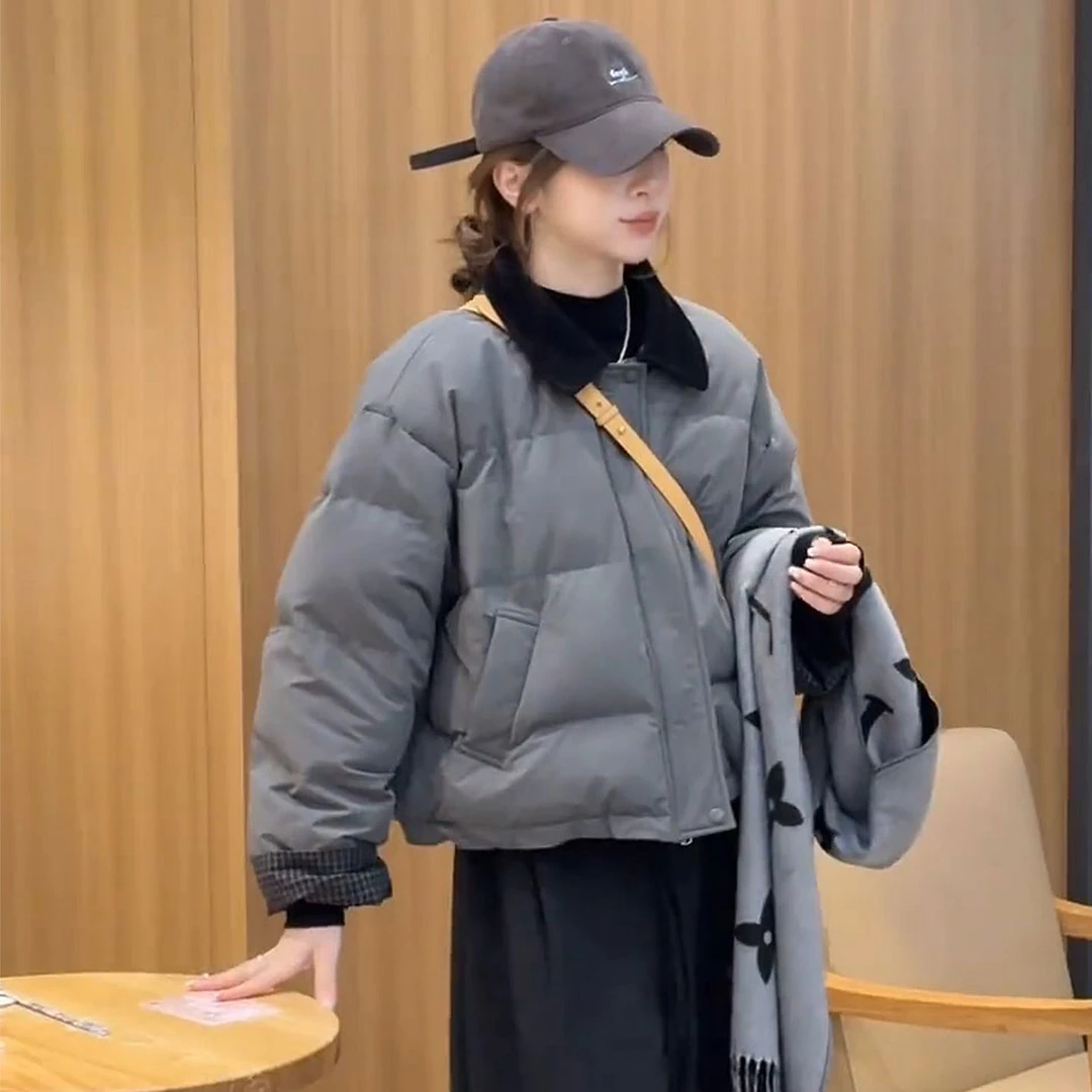 撞色灯芯绒翻领加厚保暖棉服女冬季新款韩版宽松百搭通勤棉衣外套